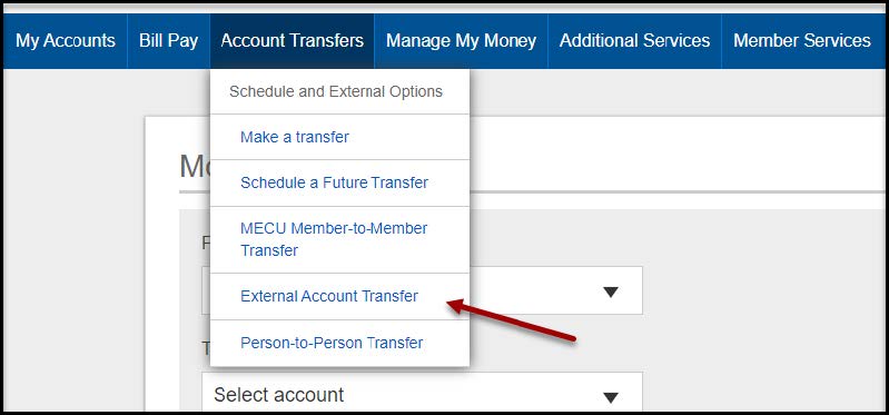 Account Transfers Dropdown Menu